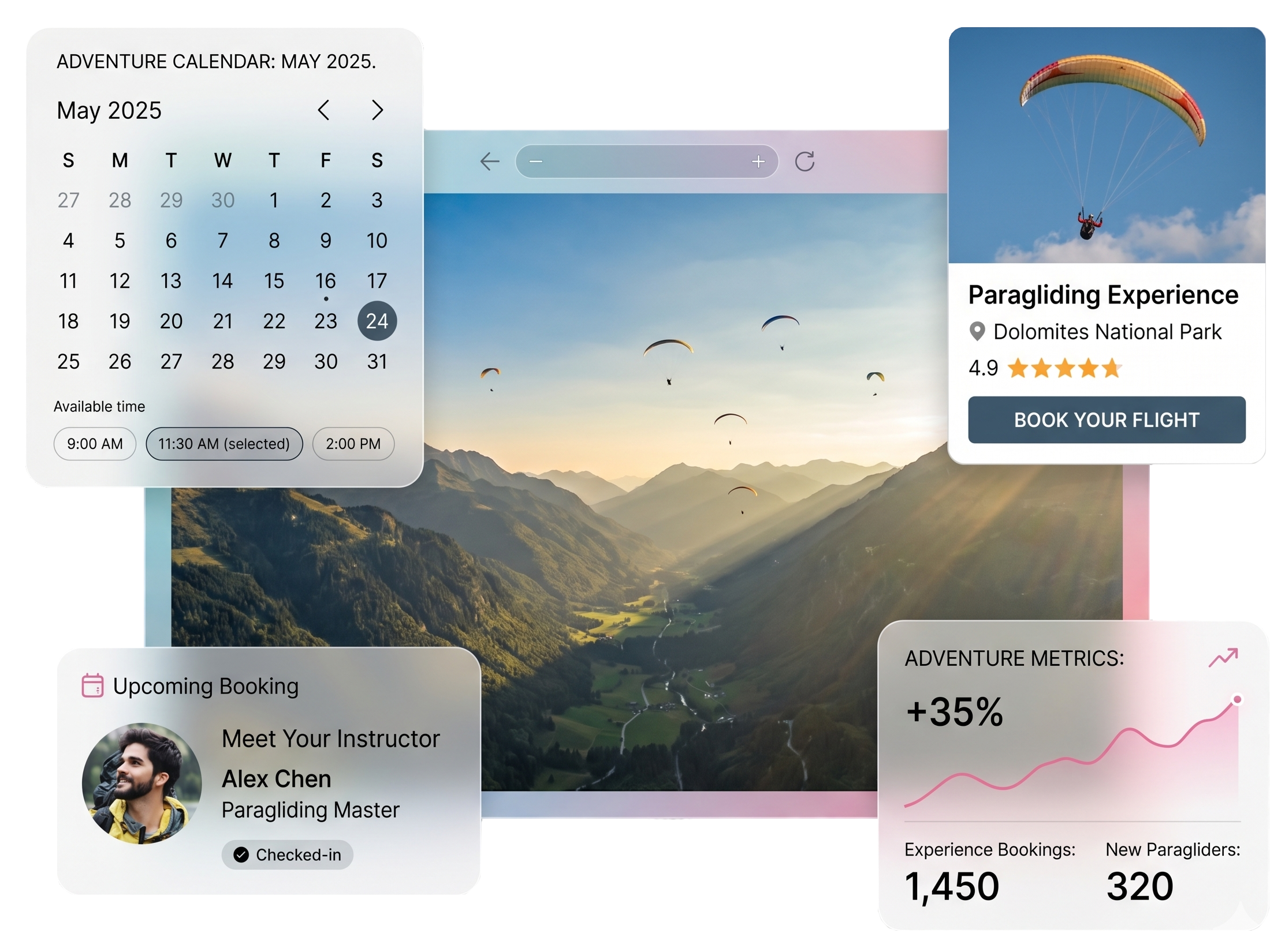BookPyro sunset cruise booking calendar, confirmation, booking details, and analytics interface