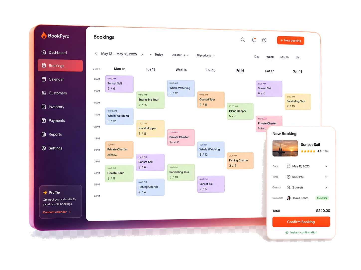 BookPyro calendar management software showing real-time bookings, revenue cards, and mobile booking details