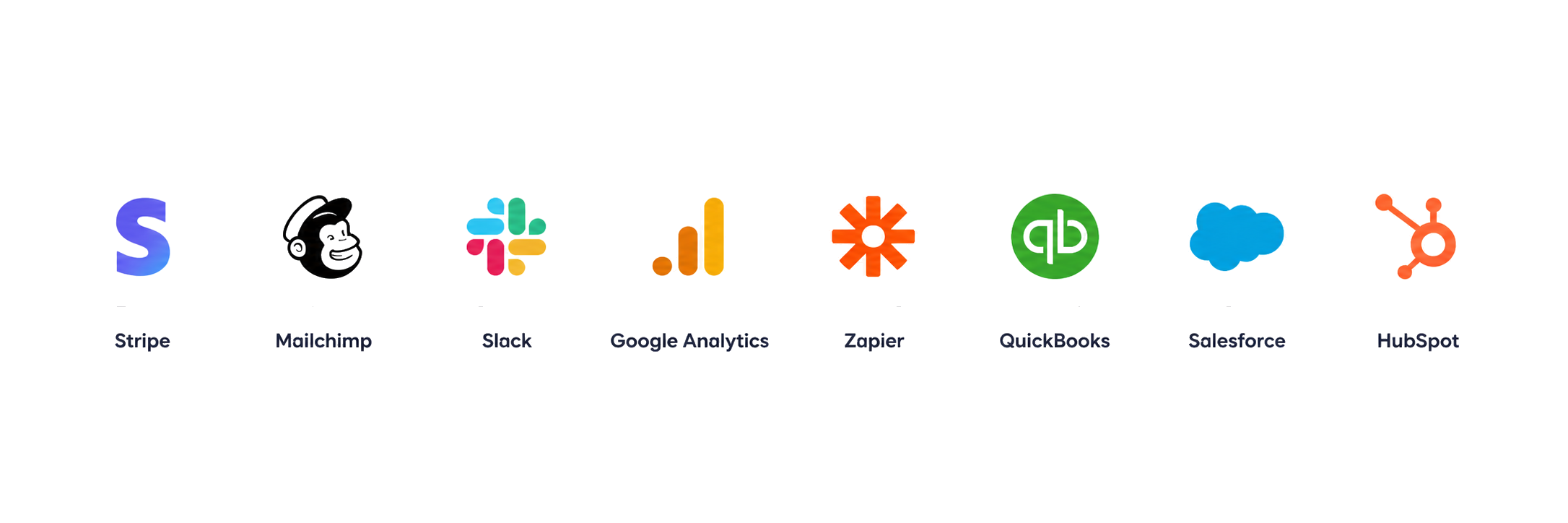 BookPyro integration partner logos for Stripe, Mailchimp, Slack, Google Analytics, Zapier, QuickBooks, Salesforce, and HubSpot