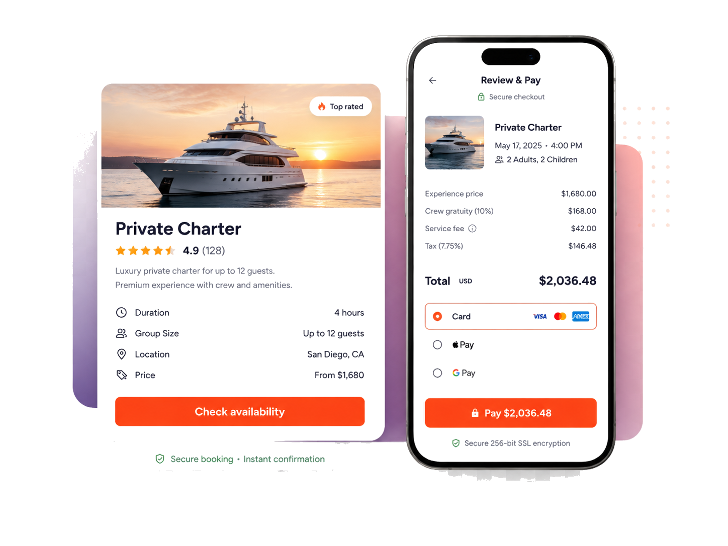 BookPyro secure booking checkout for private charter with mobile review and payment screen