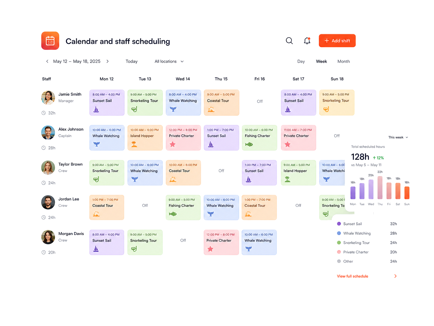 BookPyro staff scheduling calendar with team availability, booking calendar, and reporting panel